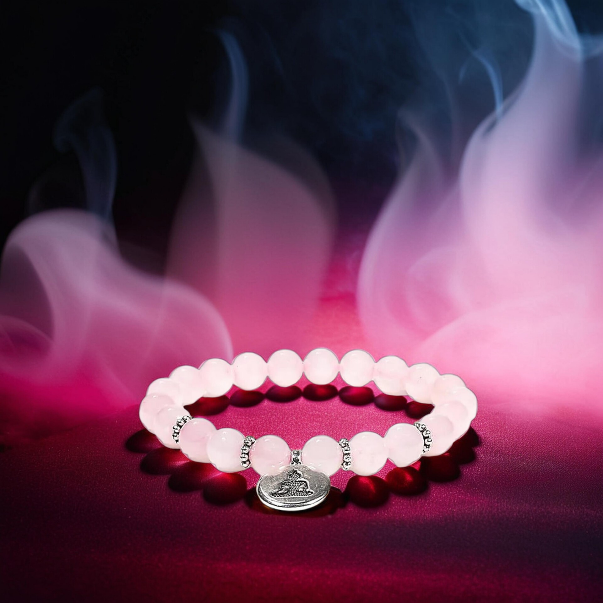 “Armastus ja rahu” roosa kvartsi käeehe/mala Buddha kujuga